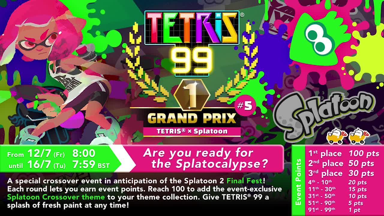 Nov Tetris 99 turnaj sa nesie v tme Splatoon 2