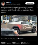 udia u sprejuj SpaceX rakety na Tesla aut, pre podporu Muska