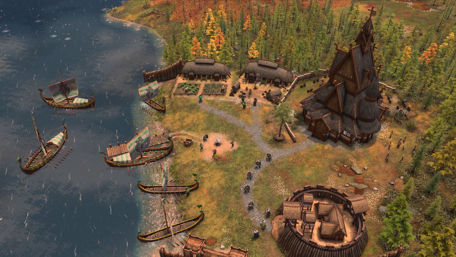 Viking settlement and longhouse scene in Age of Empires IV Raiders of the North 2026 promotional materials